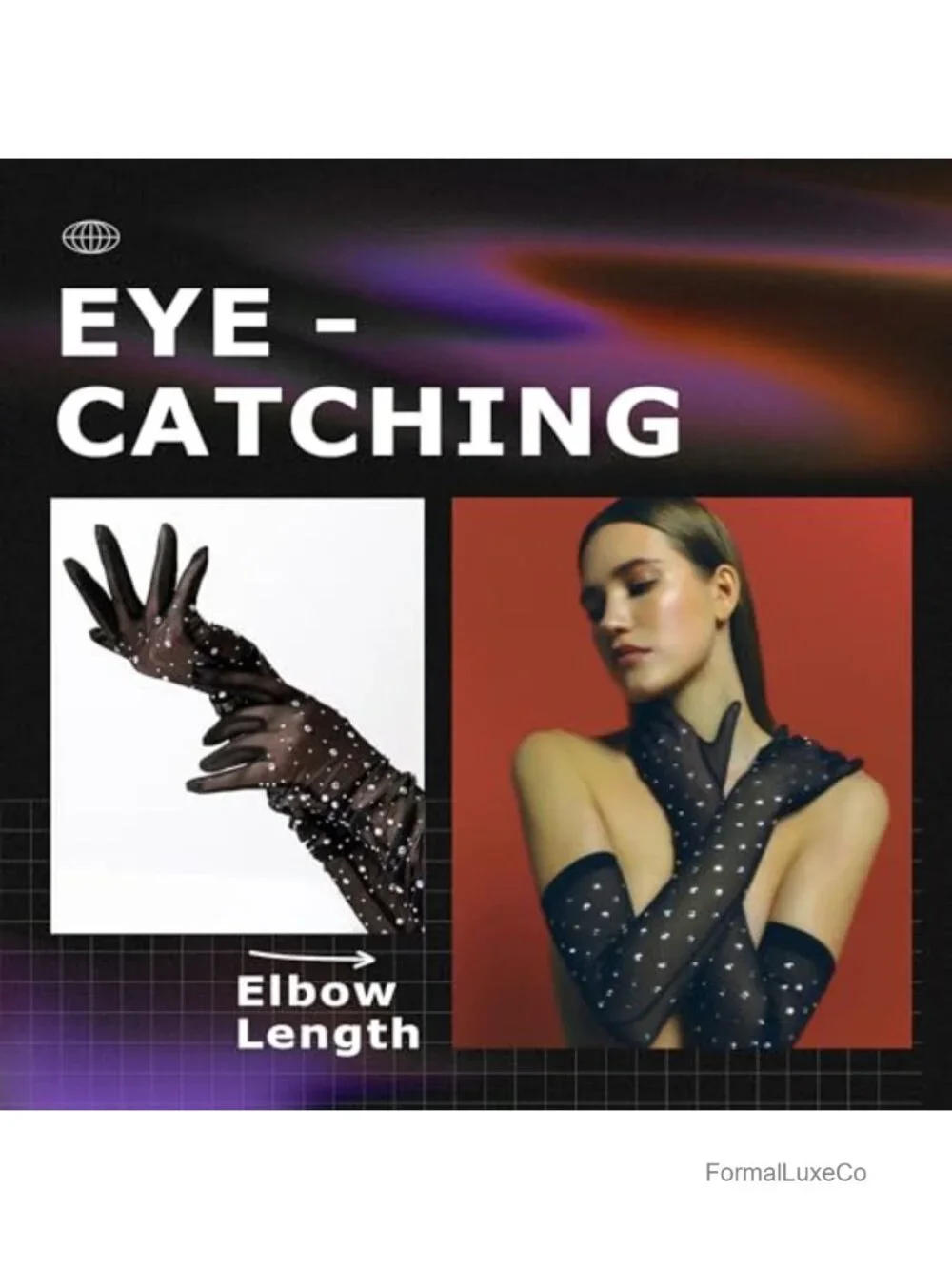 Rhinestone Sheer Gloves Sparkly Long Mesh Tulle Gloves for Party Costumes